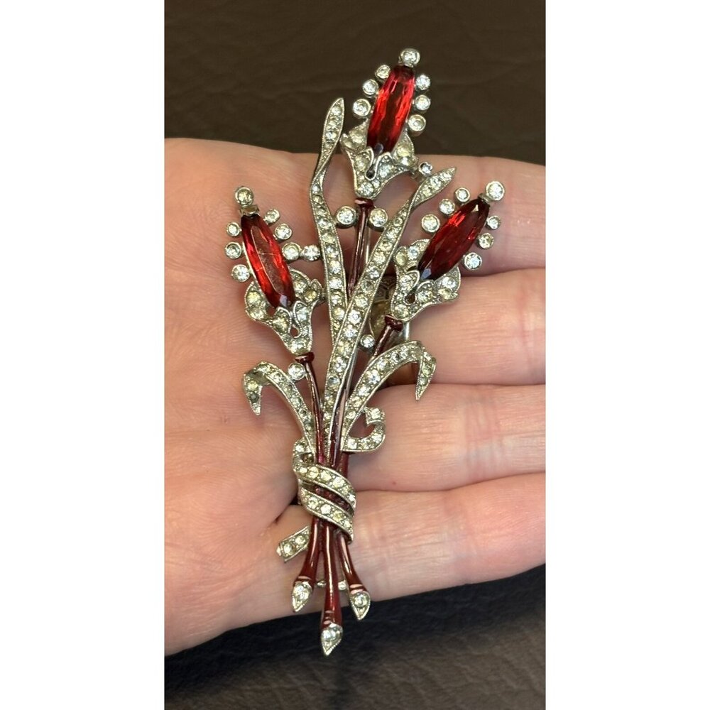 VTG 1941 Signed TRIFARI Krussman Fishel A. Spaney Floral Spray Enamel Brooch Pin